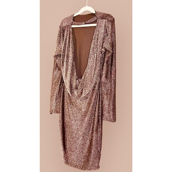Privy Brown Bodycon Dress w/ Gold Sparkles Size Medium Plunging Draped Back NWT - Picture 3 of 6